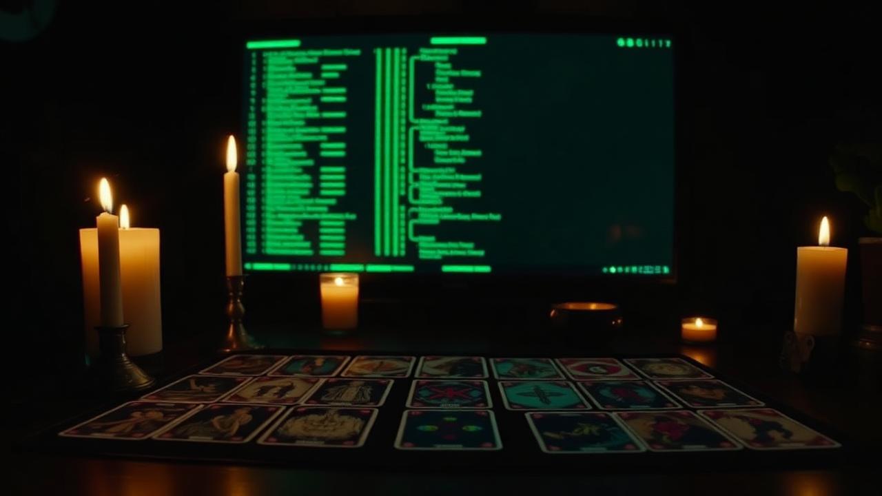 Candle-lit tarot spread in front of a glowing green terminal
